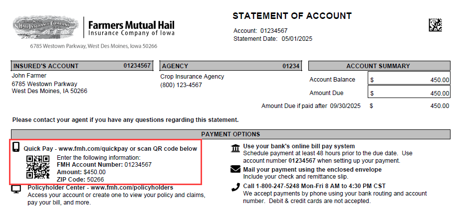Example of where to find Quick Pay on your FMH Bill