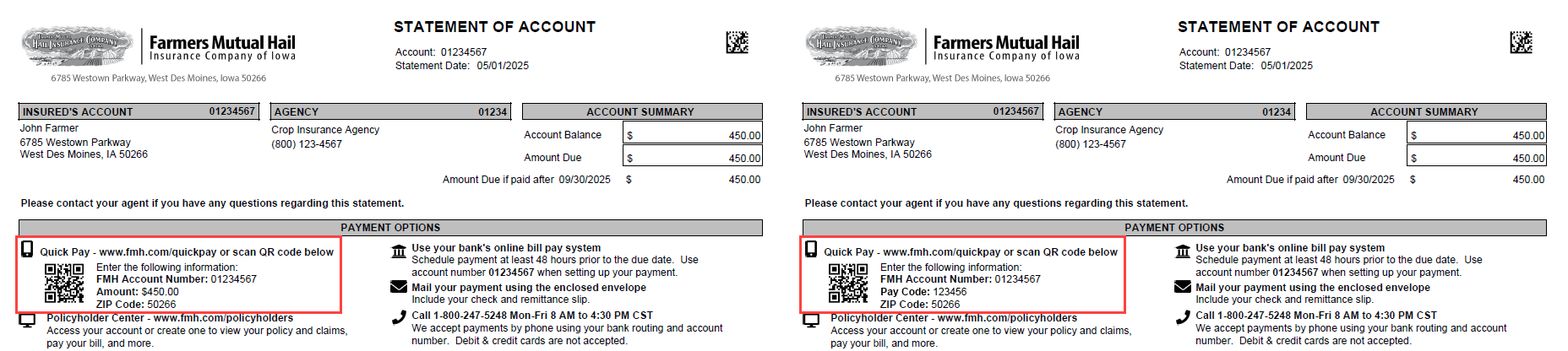 Example of where to find Quick Pay on your FMH Bill